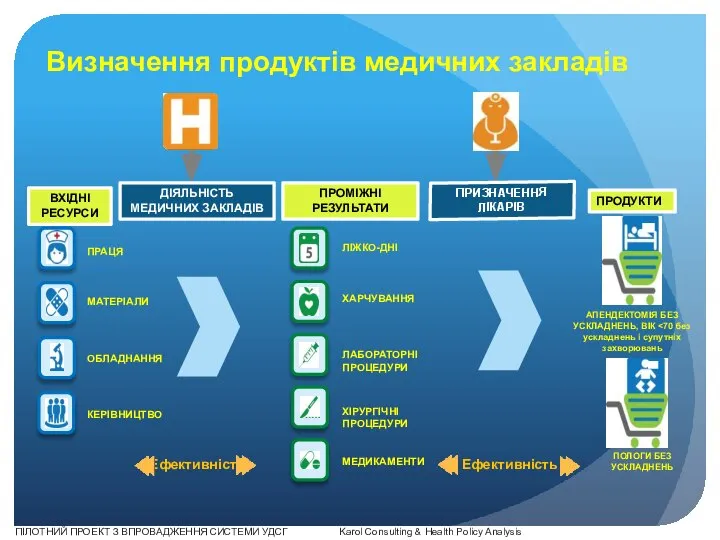 Визначення продуктів медичних закладів Ефективність Ефективність ДІЯЛЬНІСТЬ МЕДИЧНИХ ЗАКЛАДІВ ПІЛОТНИЙ ПРОЕКТ