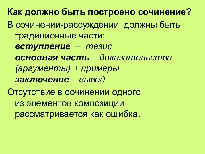 Как должно быть построено сочинение? В сочинении-рассуждении должны быть традиционные части: