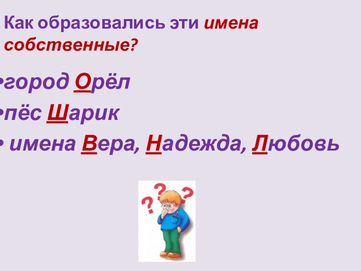 Как образовались эти имена собственные? город Орёл пёс Шарик имена Вера, Надежда, Любовь