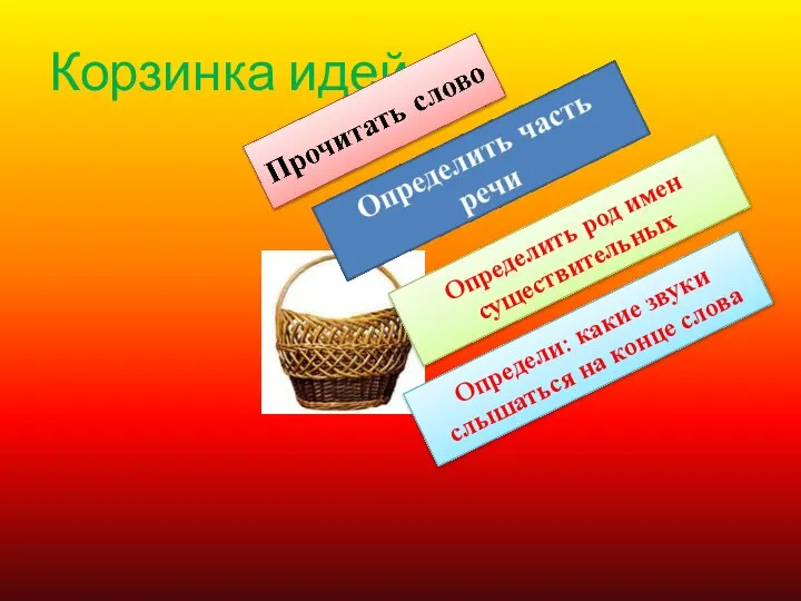 Корзинка идей Определить род имен существительных Определи: какие звуки слышаться на конце слова