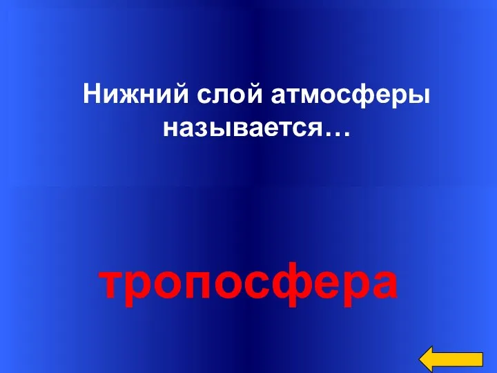 Вопрос Ответ Категория1 за 200 Нижний слой атмосферы называется… тропосфера