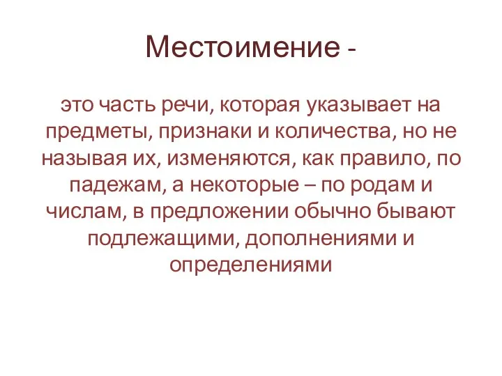 Местоимение - это часть речи, которая указывает на предметы, признаки и