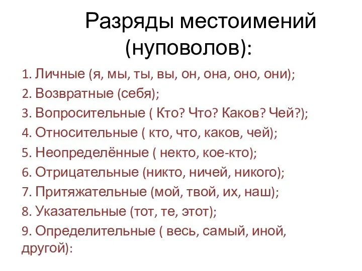 Разряды местоимений (нуповолов): 1. Личные (я, мы, ты, вы, он, она,