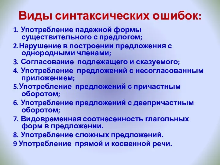 Виды синтаксических ошибок: 1. Употребление падежной формы существительного с предлогом; 2.Нарушение