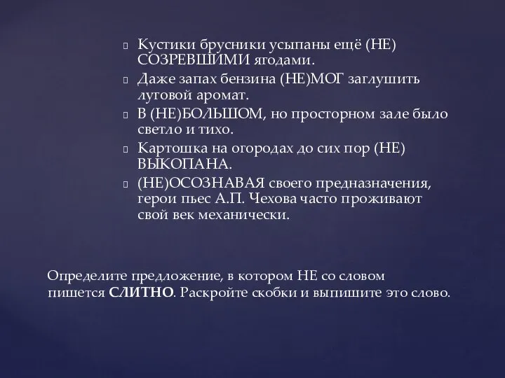 Кустики брусники усыпаны ещё (НЕ)СОЗРЕВШИМИ ягодами. Даже запах бензина (НЕ)МОГ заглушить