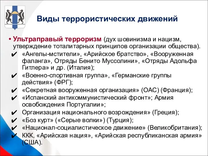 Виды террористических движений Ультраправый терроризм (дух шовинизма и нацизм, утверждение тоталитарных