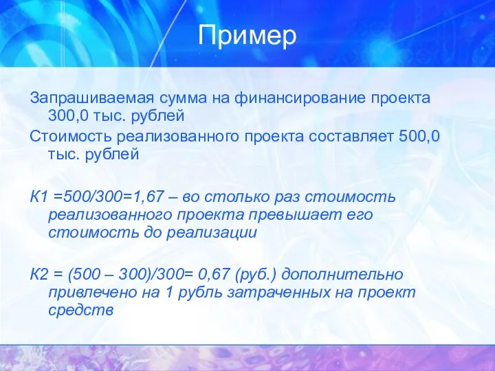 Пример Запрашиваемая сумма на финансирование проекта 300,0 тыс. рублей Стоимость реализованного