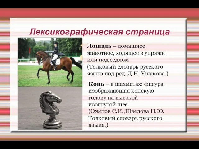 Лексикографическая страница Лошадь – домашнее животное, ходящее в упряжи или под