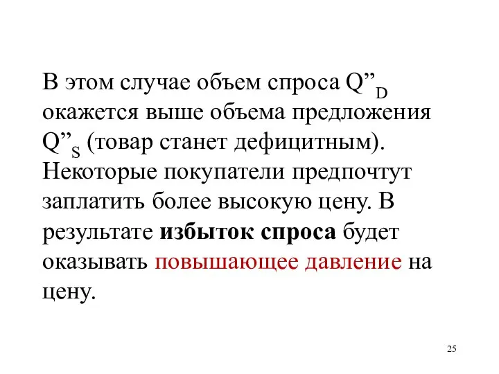 В этом случае объем спроса Q”D окажется выше объема предложения Q”S