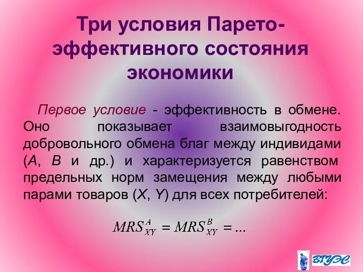 Три условия Парето-эффективного состояния экономики Первое условие - эффективность в обмене.