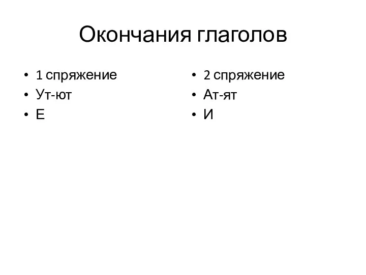 Окончания глаголов 1 спряжение Ут-ют Е 2 спряжение Ат-ят И