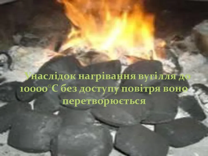 Унаслідок нагрівання вугілля до 10000°С без доступу повітря воно перетворюється