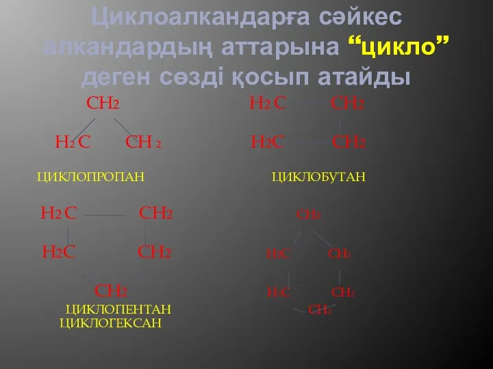 Циклоалкандарға сәйкес алкандардың аттарына “цикло” деген сөзді қосып атайды CH2 H2