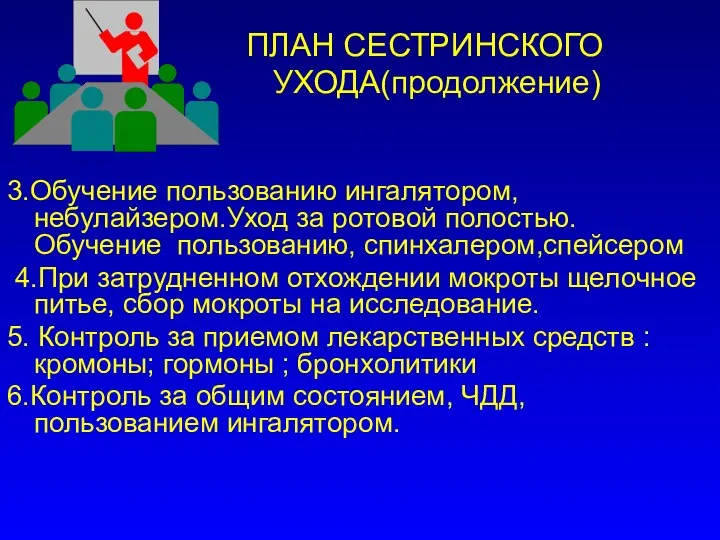 ПЛАН СЕСТРИНСКОГО УХОДА(продолжение) 3.Обучение пользованию ингалятором,небулайзером.Уход за ротовой полостью. Обучение пользованию,