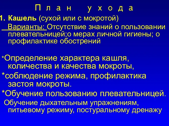 План ухода Кашель (сухой или с мокротой) Варианты: Отсутствие знаний о