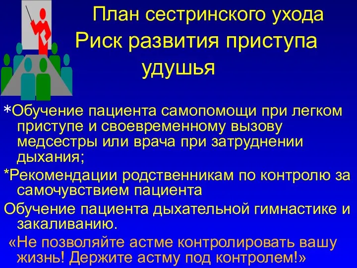 План сестринского ухода Риск развития приступа удушья *Обучение пациента самопомощи при