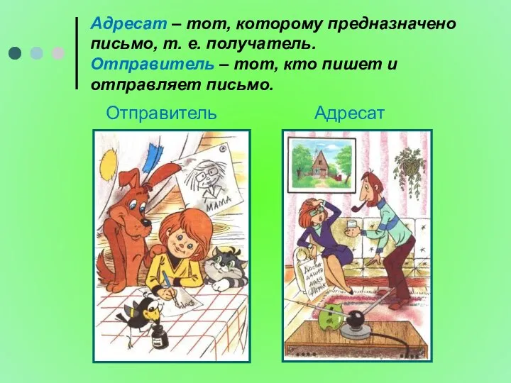 Адресат – тот, которому предназначено письмо, т. е. получатель. Отправитель –