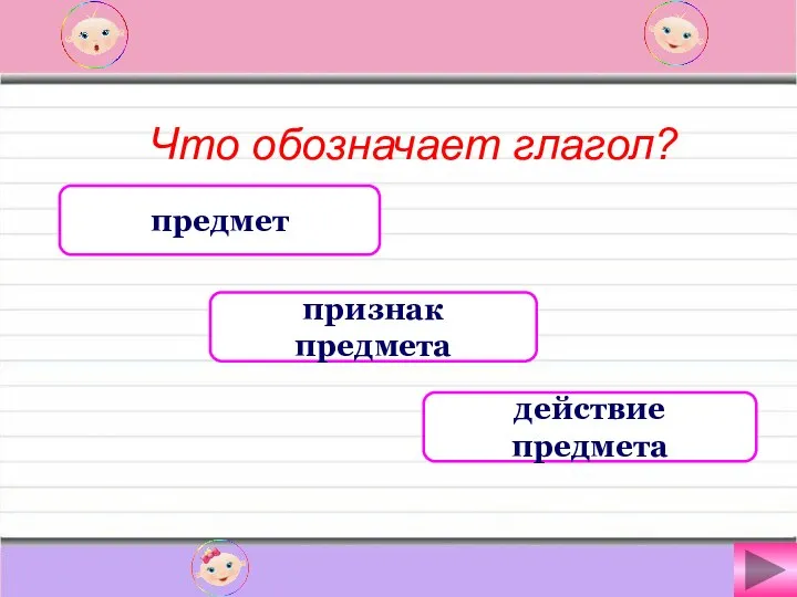 Что обозначает глагол? предмет признак предмета действие предмета