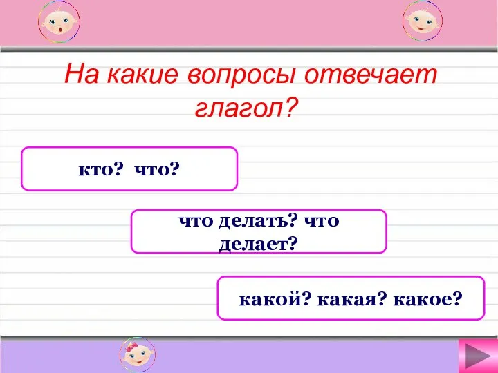 На какие вопросы отвечает глагол? кто? что? что делать? что делает? какой? какая? какое?