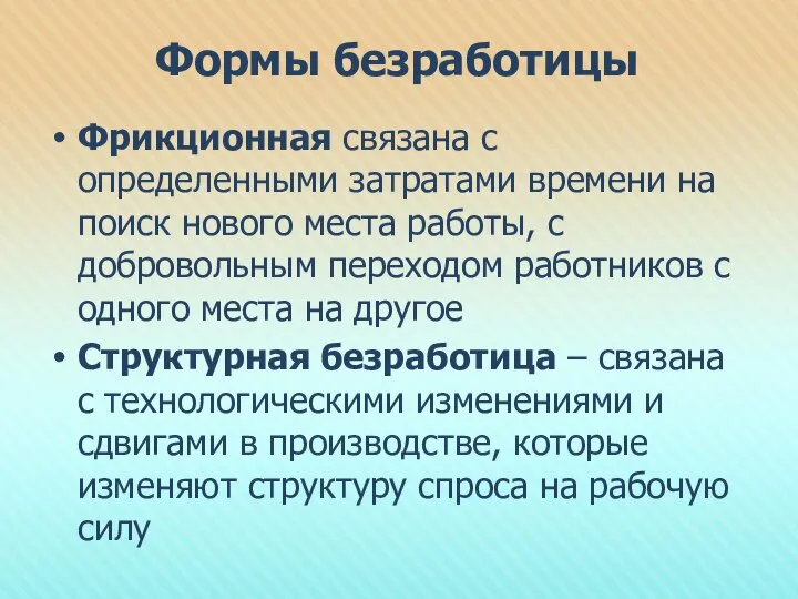 Формы безработицы Фрикционная связана с определенными затратами времени на поиск нового