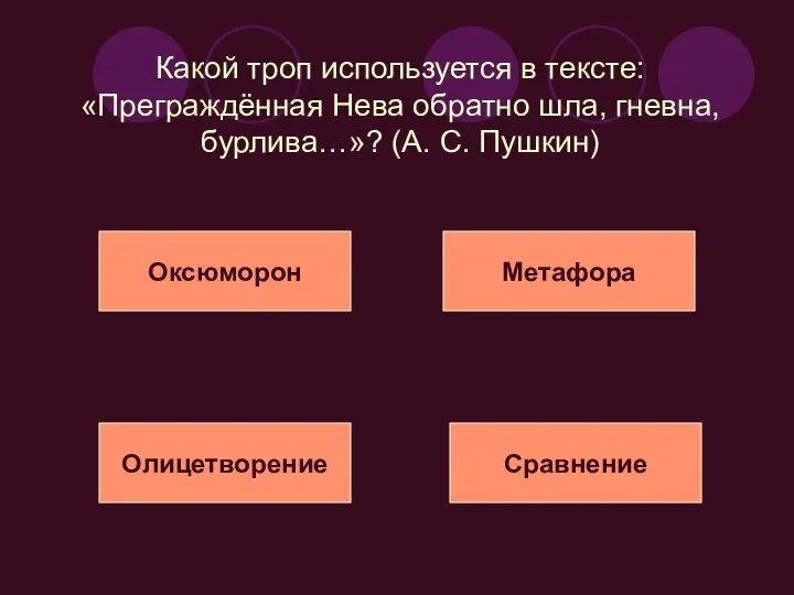 Какой троп используется в тексте: «Преграждённая Нева обратно шла, гневна, бурлива…»?