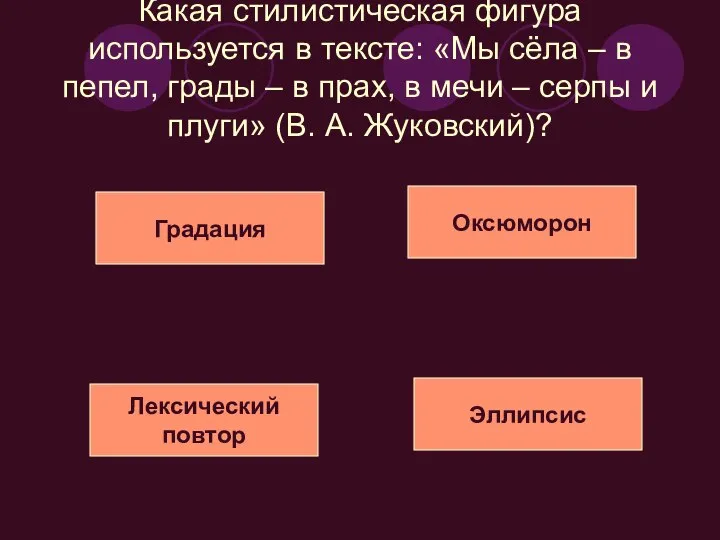 Какая стилистическая фигура используется в тексте: «Мы сёла – в пепел,