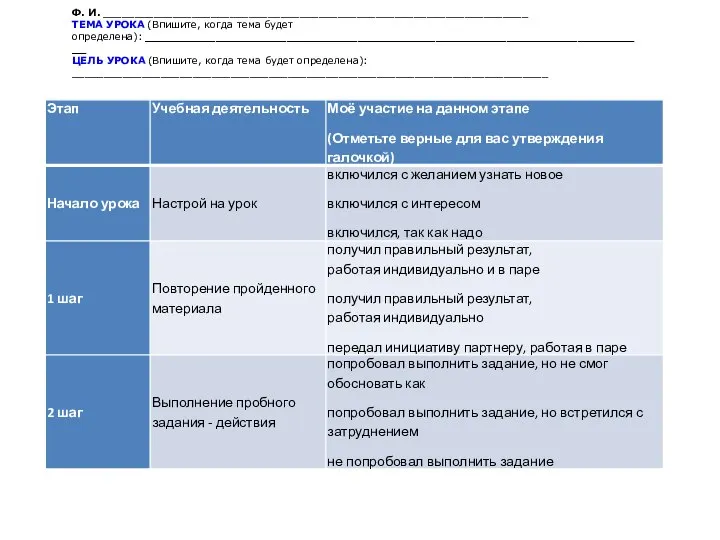 Ф. И. ___________________________________________________________________ ТЕМА УРОКА (Впишите, когда тема будет определена): _______________________________________________________________________