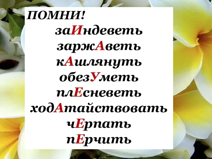 ПОМНИ! заИндеветь заржАветь кАшлянуть обезУметь плЕсневеть ходАтайствовать чЕрпать пЕрчить