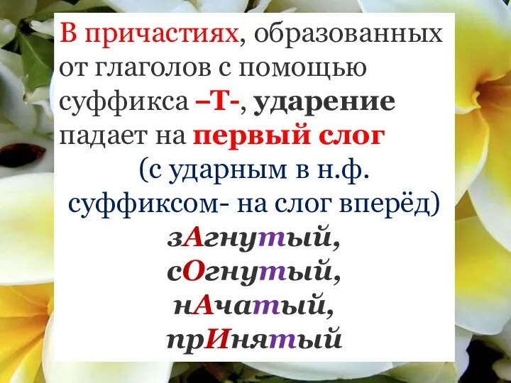 В причастиях, образованных от глаголов с помощью суффикса –Т-, ударение падает