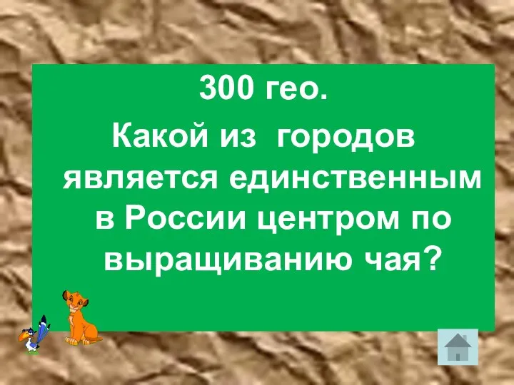 300 гео. Какой из городов является единственным в России центром по выращиванию чая?