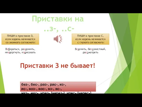 Приставки на ..з-, ..с- ПИШИ в приставке З, если корень начинается