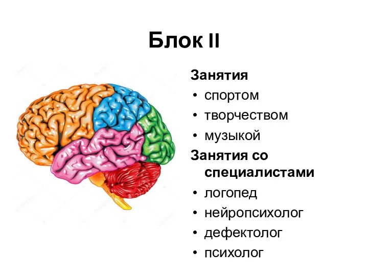 Блок II Занятия спортом творчеством музыкой Занятия со специалистами логопед нейропсихолог дефектолог психолог