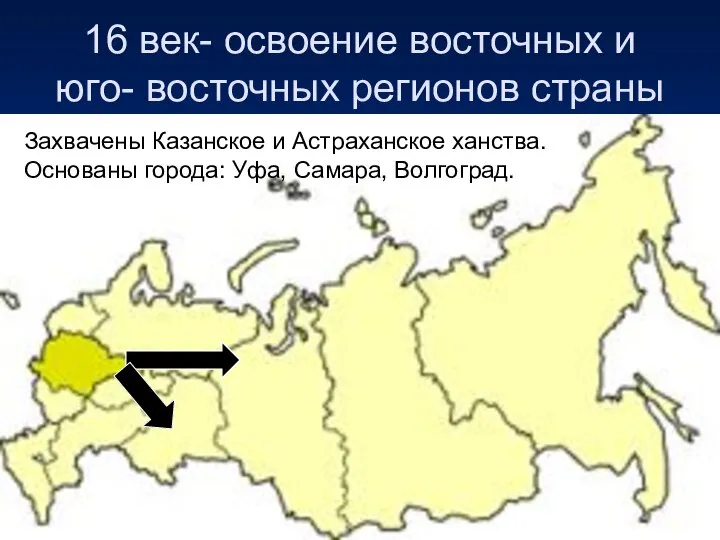 16 век- освоение восточных и юго- восточных регионов страны Захвачены Казанское