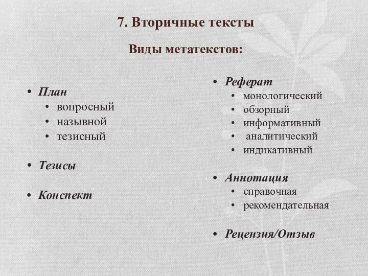 План вопросный назывной тезисный Тезисы Конспект 7. Вторичные тексты Виды метатекстов: