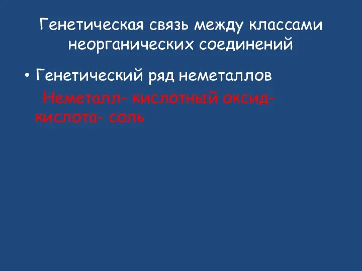 Генетическая связь между классами неорганических соединений Генетический ряд неметаллов Неметалл- кислотный оксид- кислота- соль