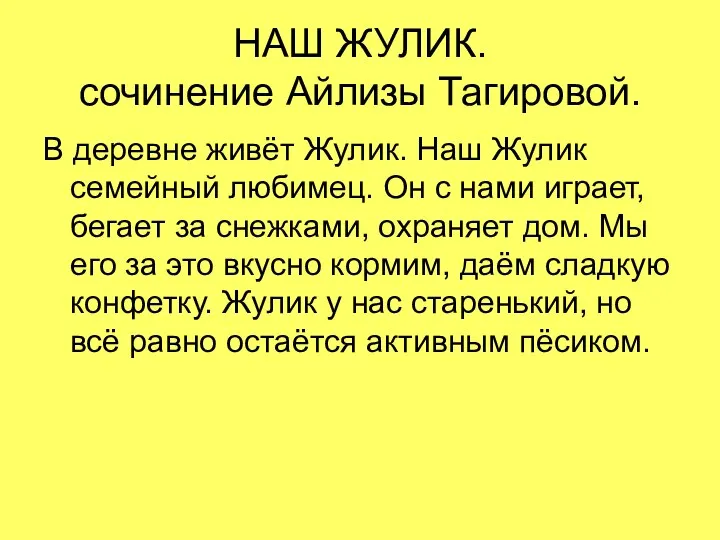 НАШ ЖУЛИК. сочинение Айлизы Тагировой. В деревне живёт Жулик. Наш Жулик