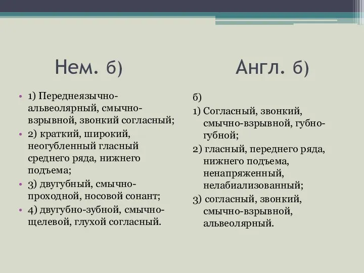 Нем. б) Англ. б) 1) Переднеязычно-альвеолярный, смычно-взрывной, звонкий согласный; 2) краткий,