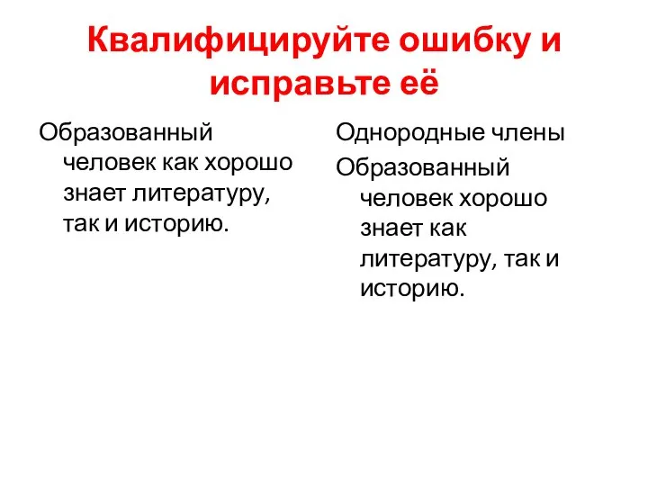 Квалифицируйте ошибку и исправьте её Образованный человек как хорошо знает литературу,