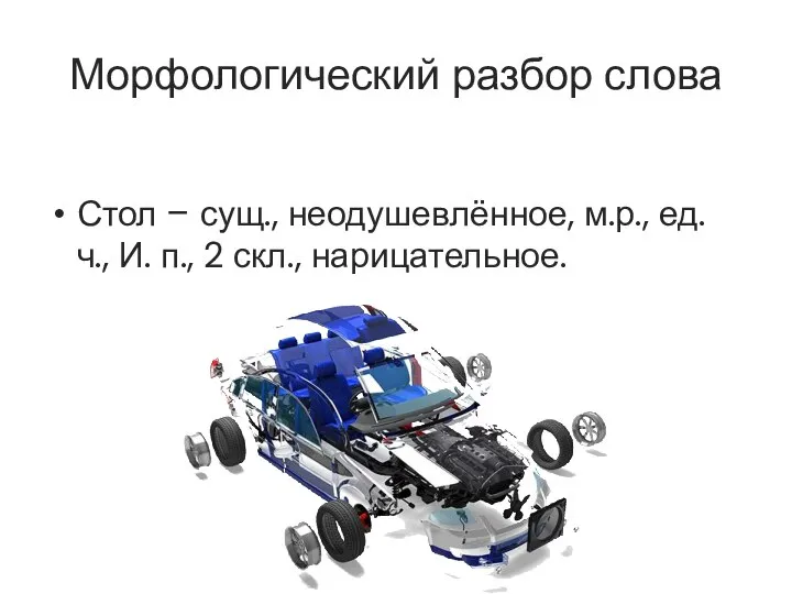 Морфологический разбор слова Стол – сущ., неодушевлённое, м.р., ед. ч., И. п., 2 скл., нарицательное.