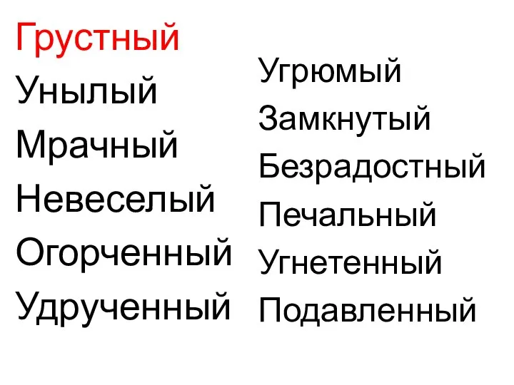 Угрюмый Замкнутый Безрадостный Печальный Угнетенный Подавленный Грустный Унылый Мрачный Невеселый Огорченный Удрученный