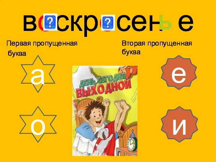 воскресен е Первая пропущенная буква Вторая пропущенная буква а о е и