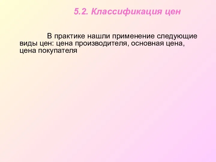 5.2. Классификация цен В практике нашли применение следующие виды цен: цена производителя, основная цена, цена покупателя