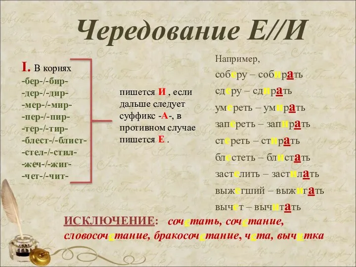 Чередование Е//И Например, соберу – собирать сдеру – сдирать умереть –