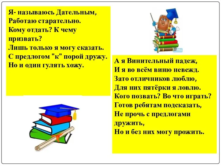 Я- называюсь Дательным, Работаю старательно. Кому отдать? К чему призвать? Лишь