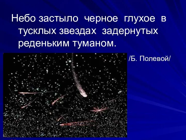 Небо застыло черное глухое в тусклых звездах задернутых реденьким туманом. /Б.