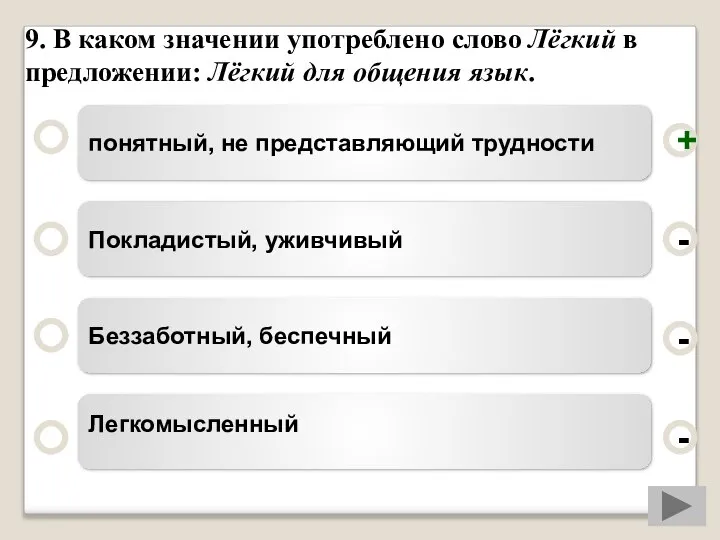 9. В каком значении употреблено слово Лёгкий в предложении: Лёгкий для