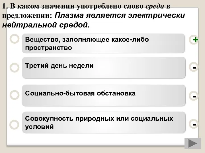 1. В каком значении употреблено слово среда в предложении: Плазма является