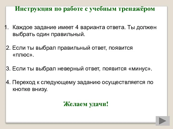 Инструкция по работе с учебным тренажёром Каждое задание имеет 4 варианта