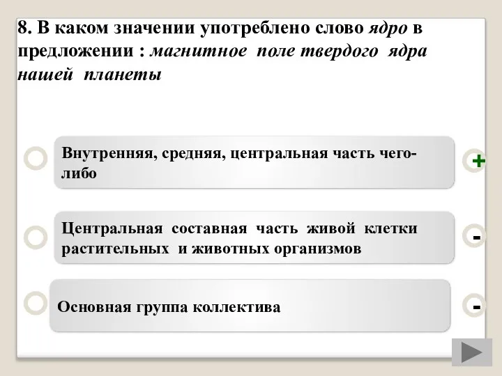 8. В каком значении употреблено слово ядро в предложении : магнитное