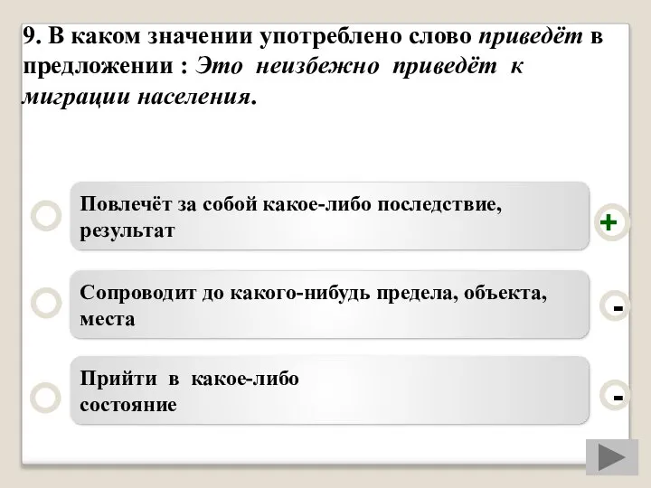 9. В каком значении употреблено слово приведёт в предложении : Это